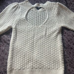 White Textured Crew Neck Sweater with Cutout